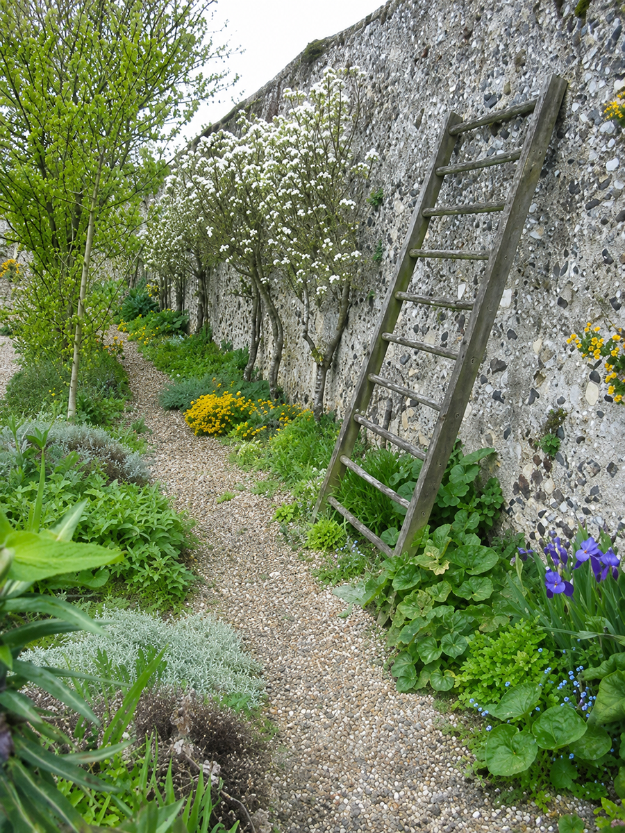 Photographie d'un jardin vivrier : potager structuré, plantes aromatiques, production nourricière.